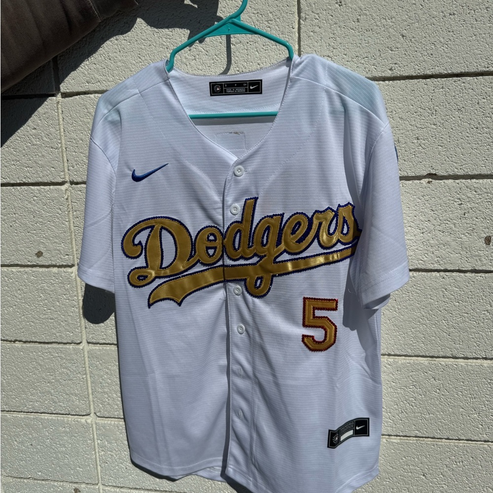 White Dodgers Jersey with Gold and Red Accents Outlined in Rhinestones